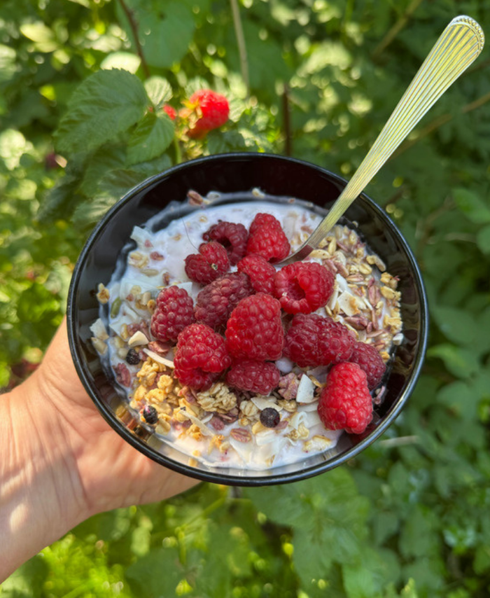 Hand holding a bowl of granola and yoghurt in a garden